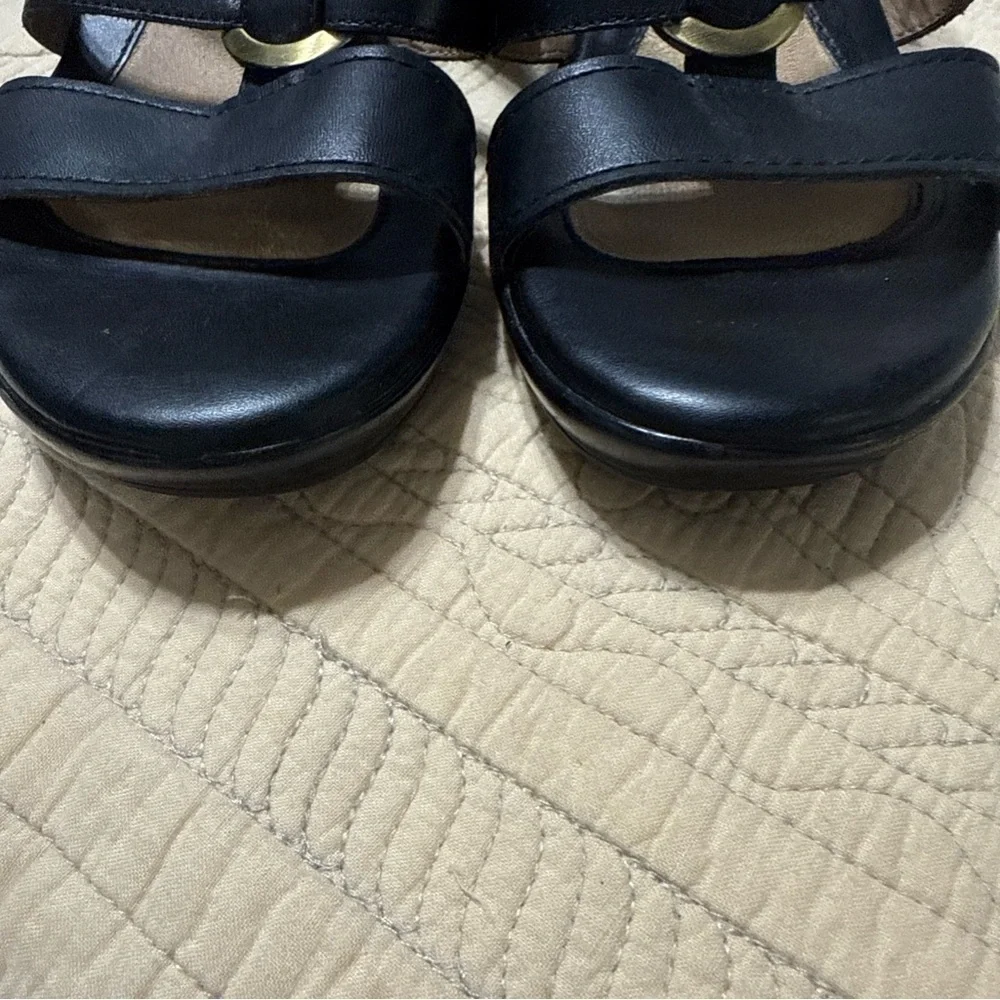Naturalizer Black Slip-On Wedge Mule Sandals with Leather Straps